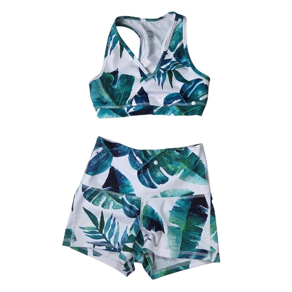 Mika Yoga Wear Tropical Palm Print Sports Bra and Ruched Booty Shorts Set Small
